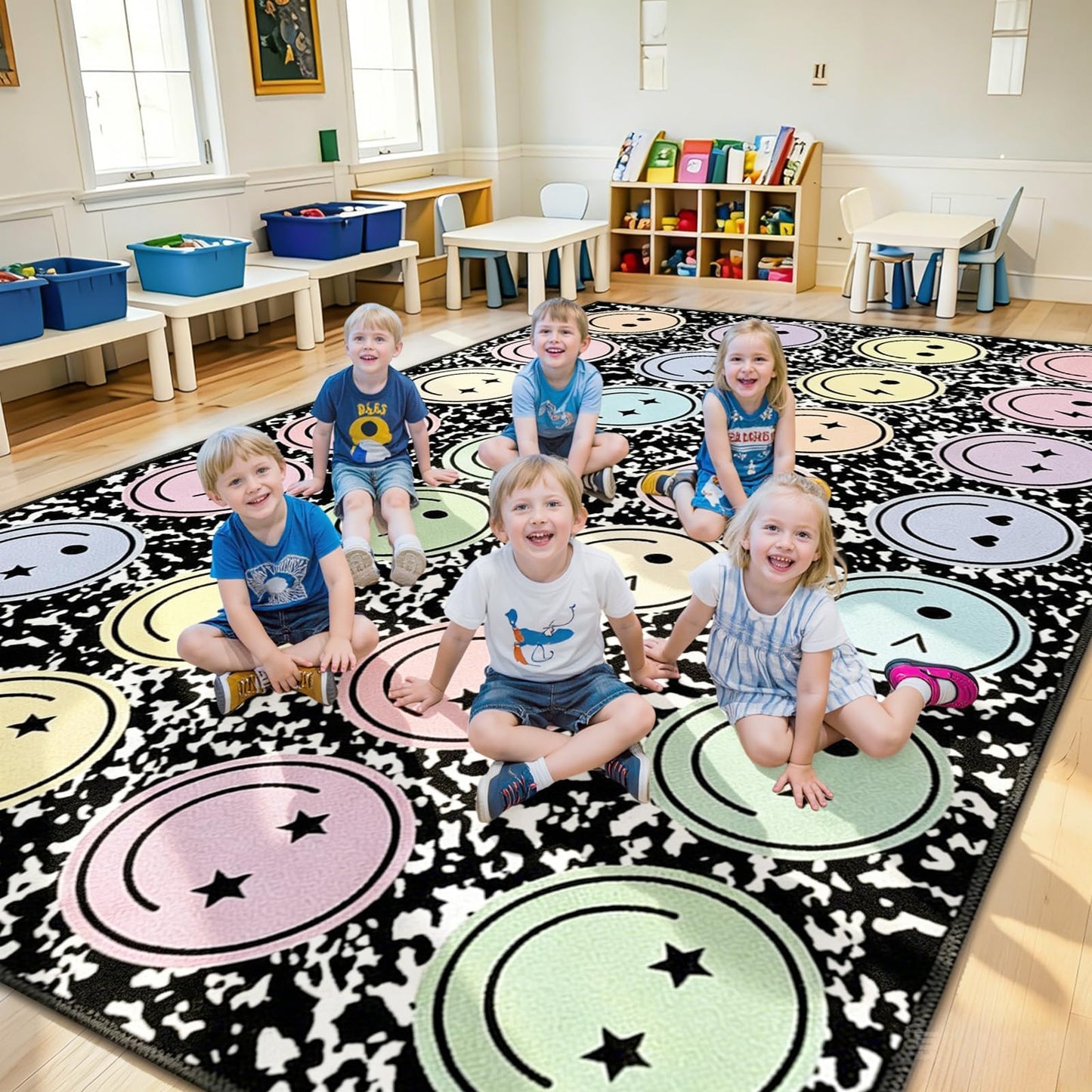 7.6x12 ft Large Smile Face Classroom Rug Happy Face Educational Area Mat Composition Notebook Play Carpet Back to School Learning Mat for Preschool Playroom Nursery Kindergarten(Black and White)