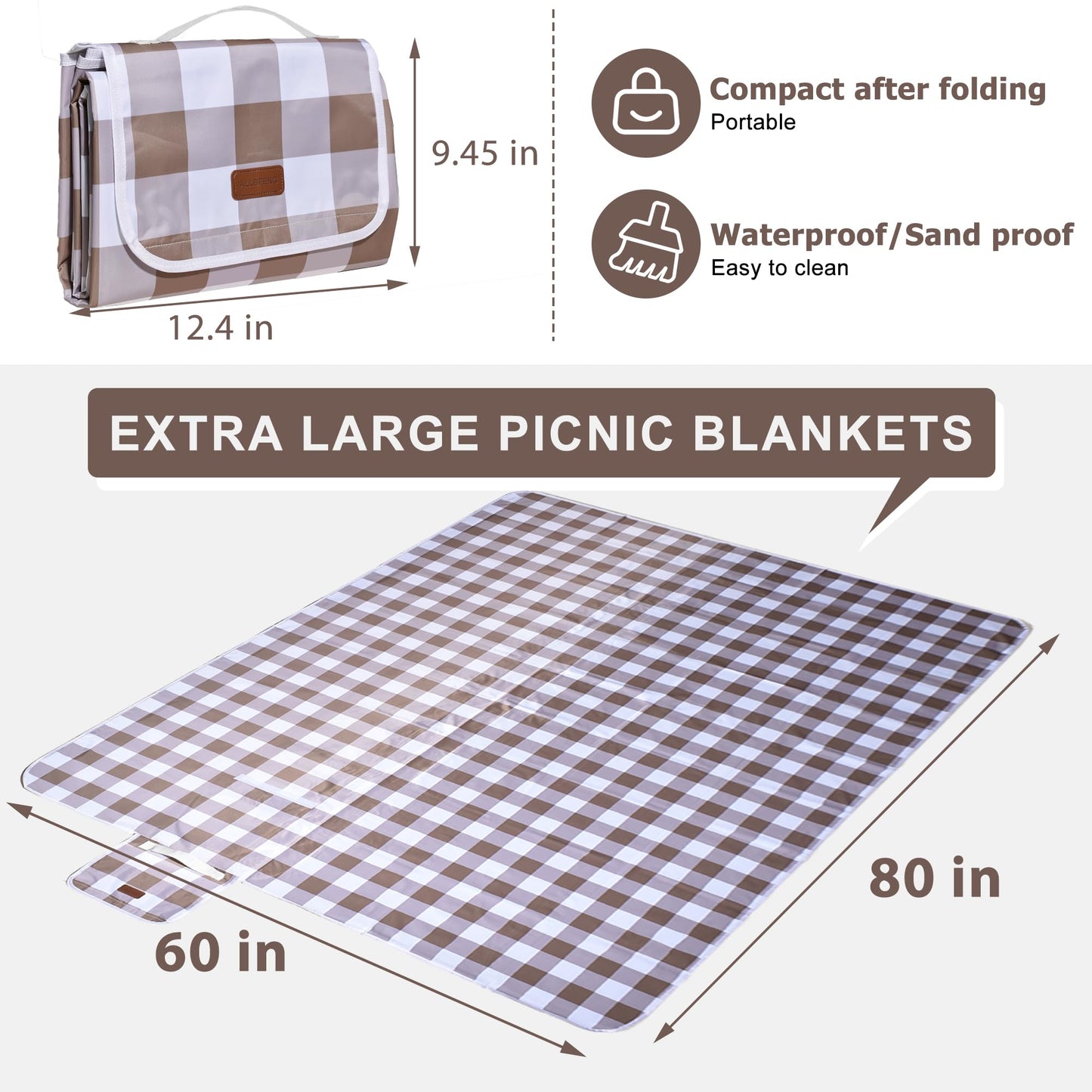 ALLBFENG 80"x60" Waterproof Sandproof Picnic Mat - Portable Foldable Outdoor Blanket for Beach, Park, Travel & Indoor Use - Lightweight Compact Design, Easy-Carry (Light Brown)