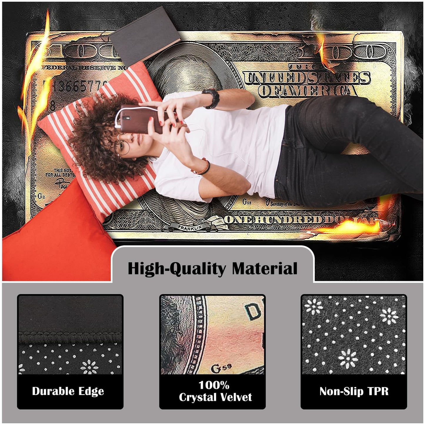 DVKKHD Burning 100 Dollar Bill Area Rug 4x6, Black Gold Room Decor Carpet