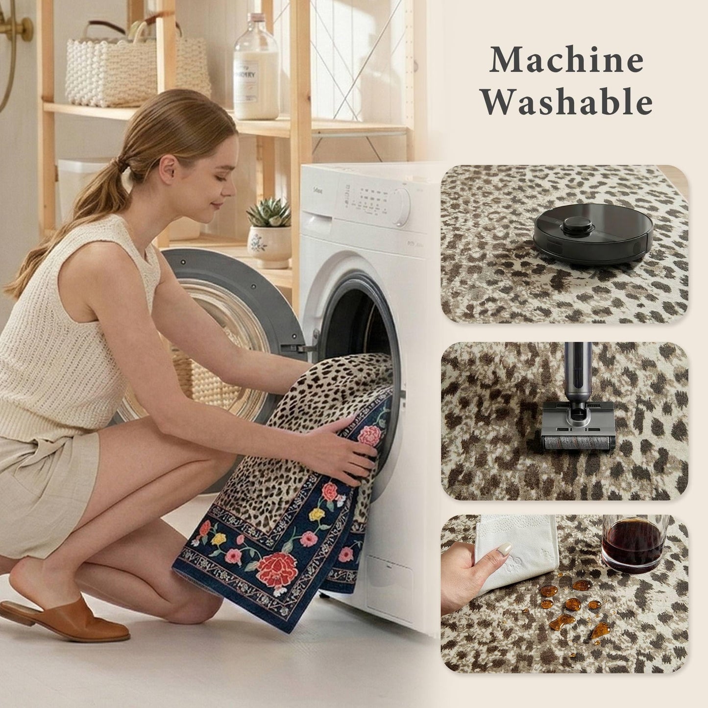 Rugxara 4x6 Leopard Print Rug for Living Room, Machine Washable Area Rug for Bedroom, Non-Slip Low Pile Animal Cheetah Carpet with Rubber Backing for Dining Room Kitchen Home Decor, Brown Blue