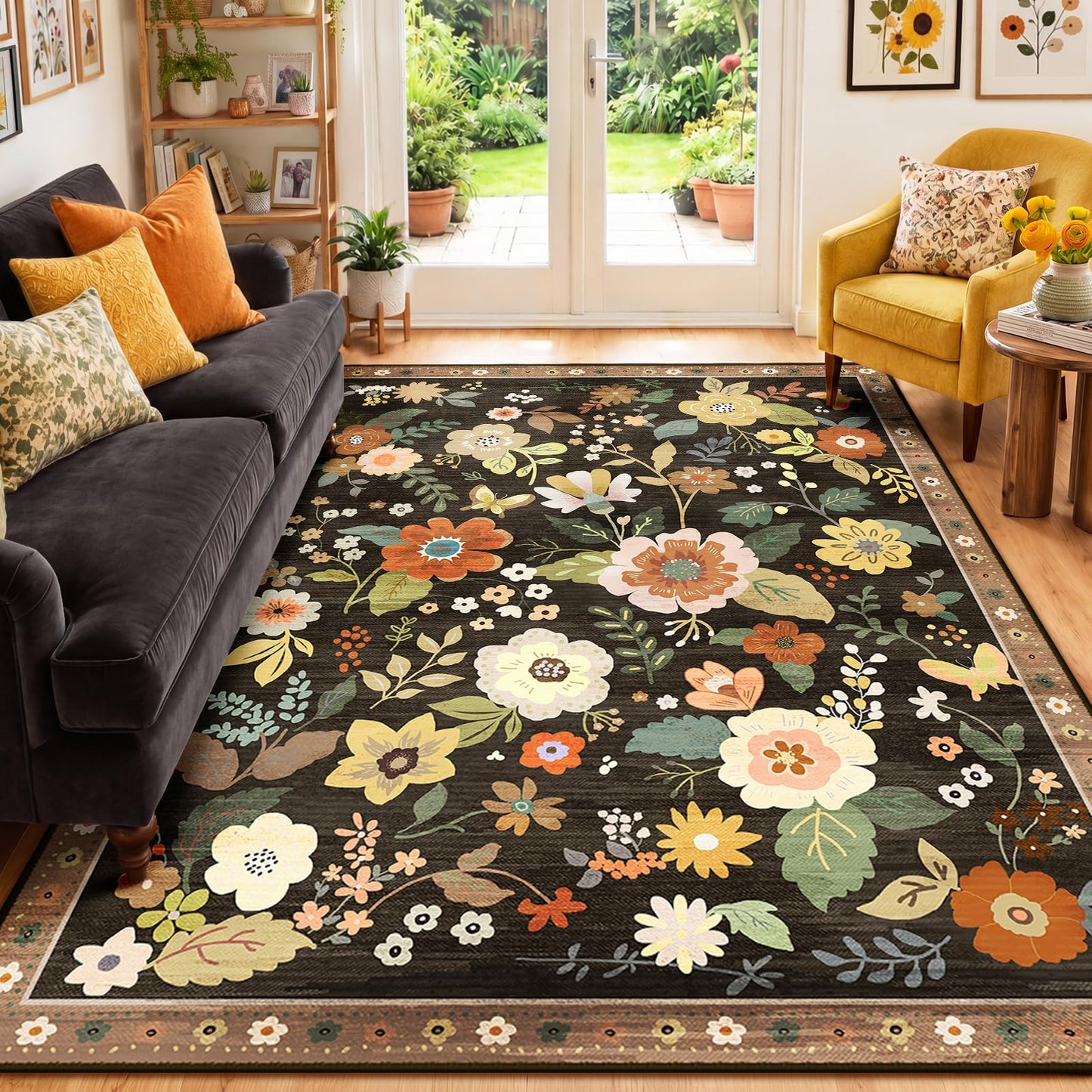 RELEANY Floral 6x9 Area Rugs Washable Print Boho Cute Carpet Non Slip Flower Low Pile for Living Room Bedroom Kitchen Office Farmhouse-Black/Yellow/Red