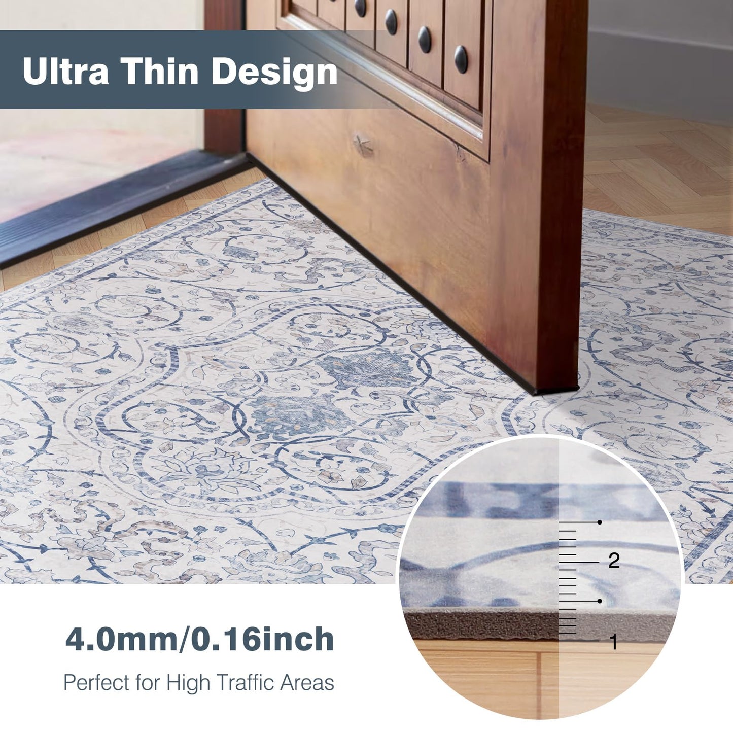 2'×5' Blue Floral Vinyl Runner Rug, Non-Slip Floor Mat for Hallway, Kitchen, Entryway, Waterproof&Stain-Resistant Vinyl Floor Mat, Easy Clean Plastic Floor Protector for High Traffic Areas, Runners