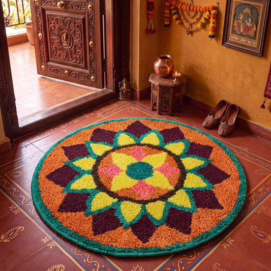 Lyrow 20in Diwali Decorations for Home Floral Rangoli Mat Indian Diwali Lotus Decor Pooja Floral Housewarming Floor Decor Rangoli Mat for Indian Traditional Pooja Festival New Year Entrance Gift