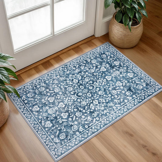 SILOLOOM Vintage Entryway Rug 2x3, Blue and White Washable Accent Rug, Non-Slip Small Area Carpet, Floral Print Faux Wool Soft Door Mat for Indoor Entrance, Front Door, Kitchen, Bedside