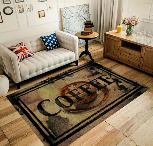 Coffee Theme Area Rug,4x6ft,Living Room Coffee Cup Pattern Print Rug, Vintage Style Kitchen Mat, Non-Slip Backing, Washable Rug for Living Room Bedroom, Washable and Easy To Clean Home Decoration