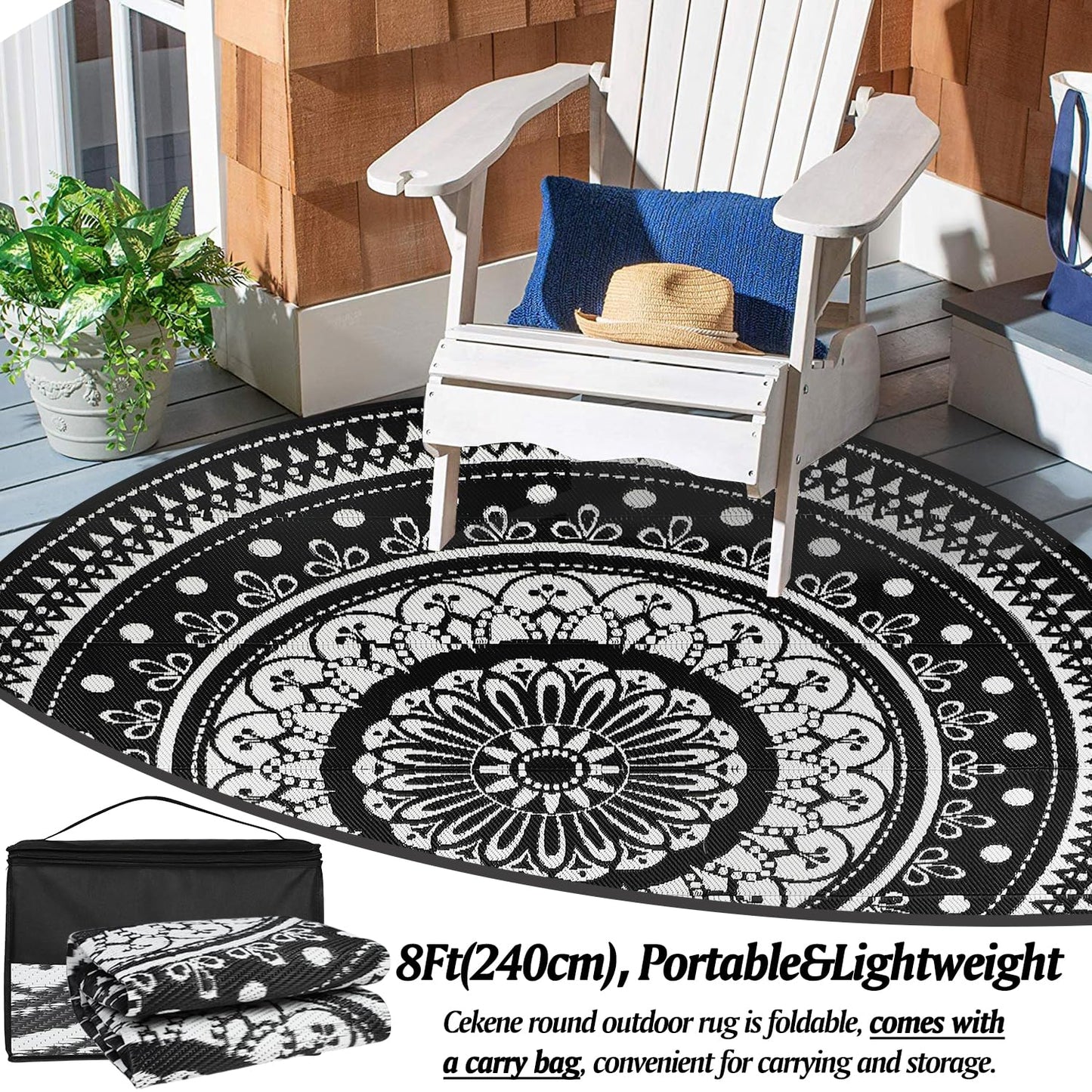 Cekene Round Outdoor Rugs for Patio 8Ft Waterproof Reversible Outdoor Patio Rugs Black Lightweight Plastic Straw Rugs Portable RV Camping Mat Floor Carpet for Deck Porch Picnic BBQ