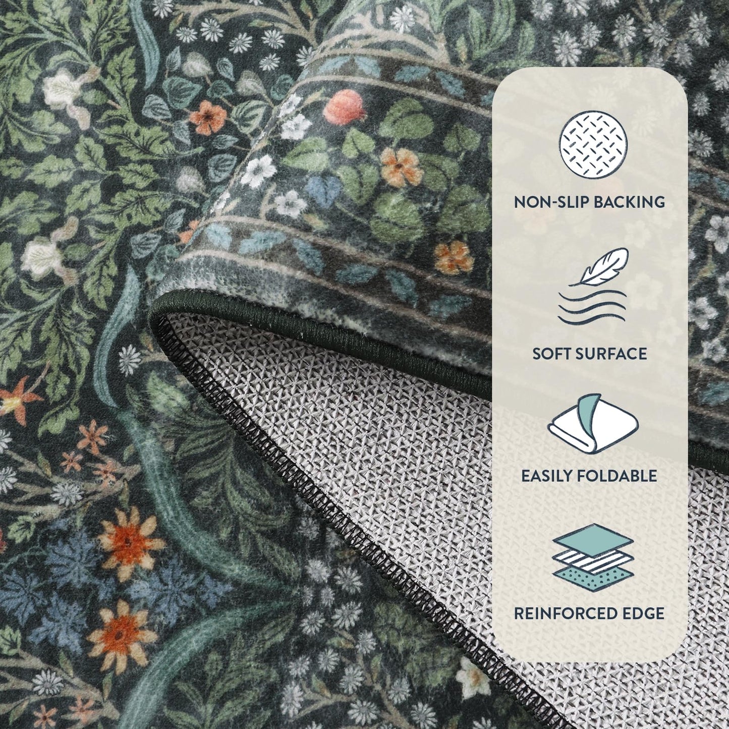 Lahome Floral Washable Round Area Rug, Soft Round Rugs 6ft Ultra-Thin Non-Slip, Boho Stain Resistant Large Circle Carpet for Bedroom Living Room Kitchen Nursery Giverny, Dark Green