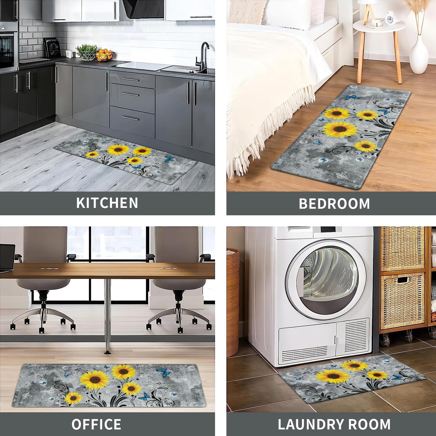 Likiyol Sunflower Kitchen Rugs Sets of 2 Kitchen Mats for Floor Anti Fatigue Mats for Kitchen Floor, Spring Kitchen Rugs Non Slip was Washable, Floral Standing Floor Mats, 18''x30''+18''x48'' (Gray)