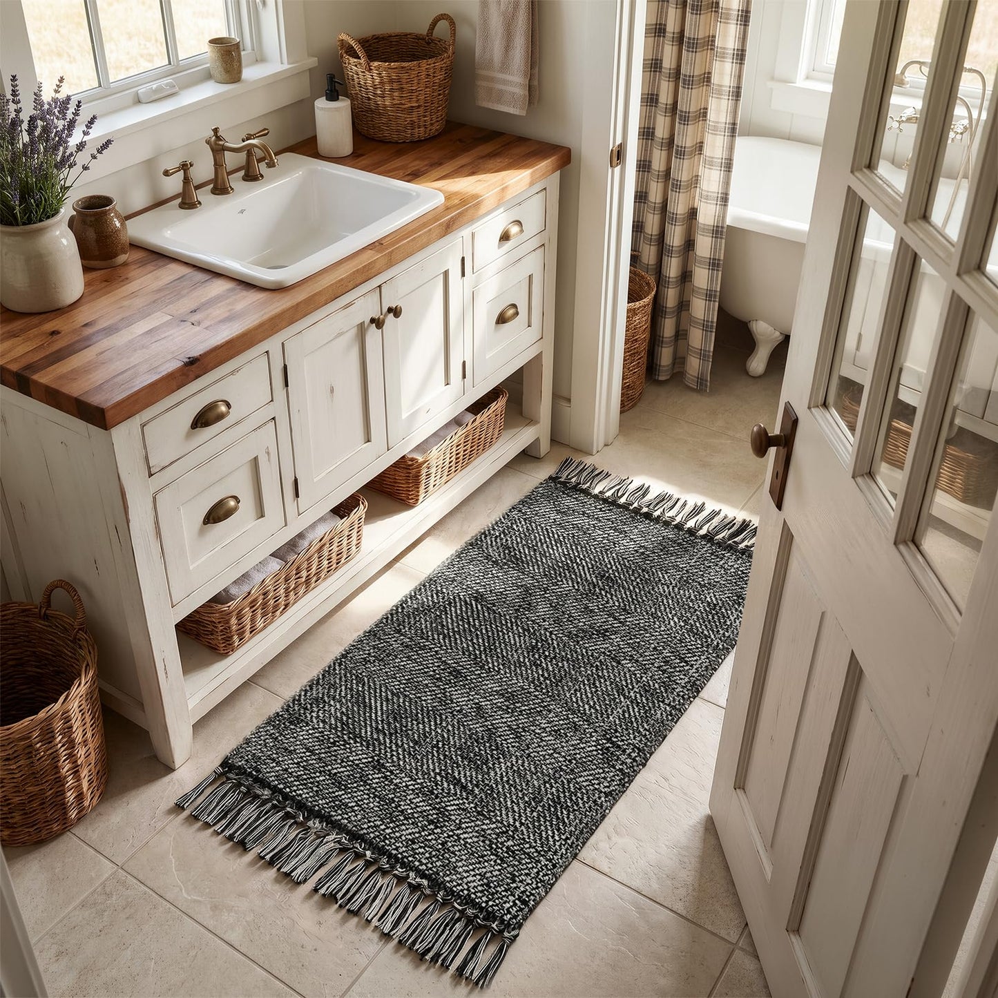 Collive 2' x 4.3' Indoor Outdoor Rug, Modern Farmhouse Kitchen Runner Rugs Hand-Woven Bathroom Rugs, Boho Washable Entry Carpet Black Reversible Front Door Mats for Laundry Bedroom Porch Decor