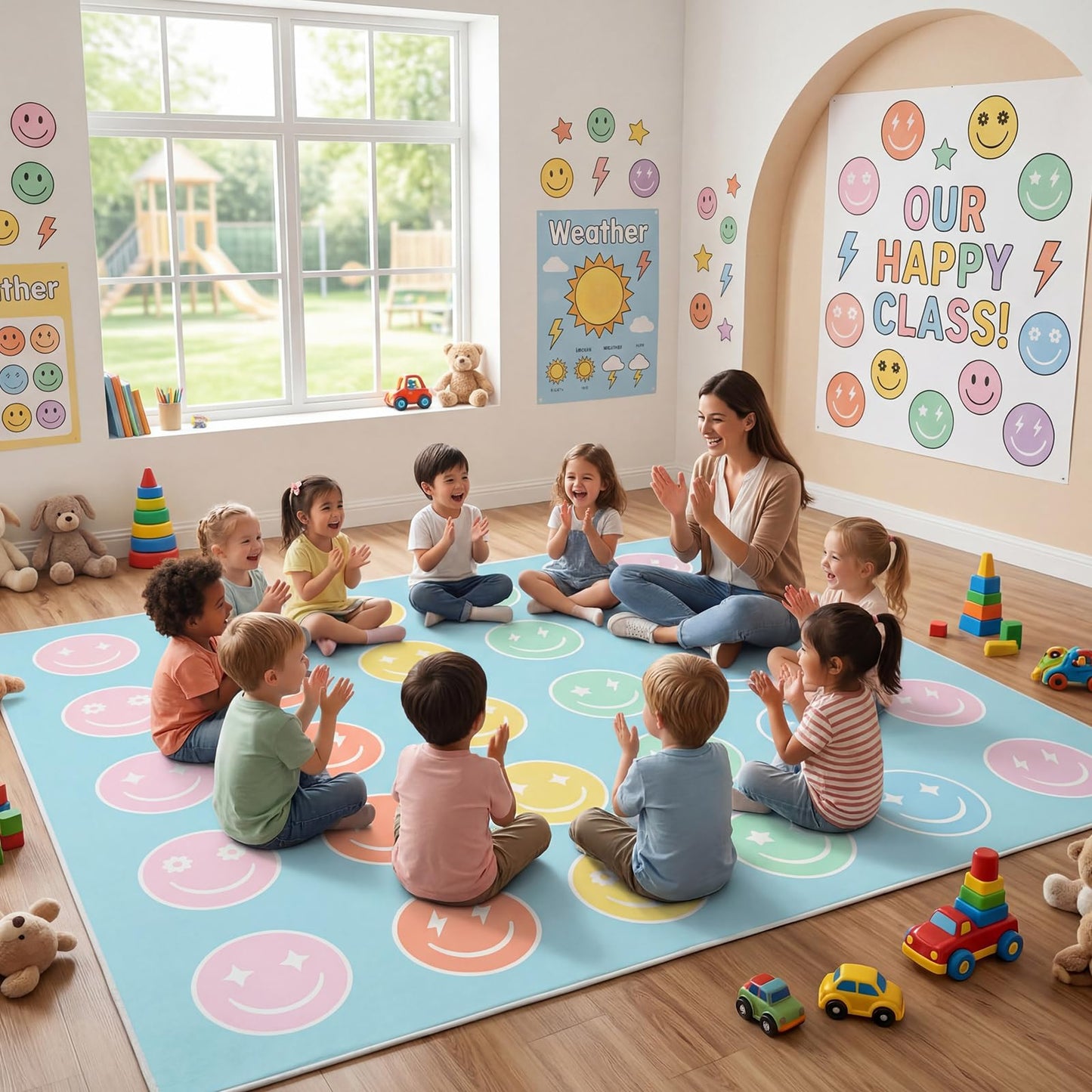 Maasechs 8 x 10ft Circle Time Classroom Rug Smile Face Pastel Emotional Feeling Sensory Corner Items Teacher Rug Educational Soft Fluffy Carpet Floor Mat for Nursery Homeschool Playroom Elementary