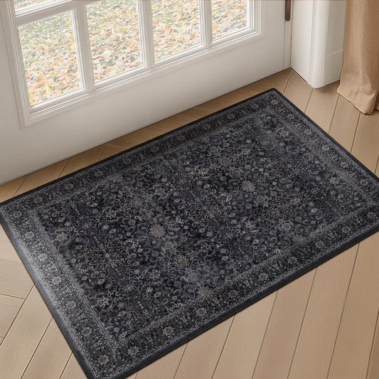 Jainmy Dark Entryway Rug 2x3, Kitchen Rugs Non Slip Washable, Low Pile Ultra Thin Door Mat Indoor Entrance, Small Carpet for Bedroom Bathroom, Vintage Farmhouse Earth Tone Midnight