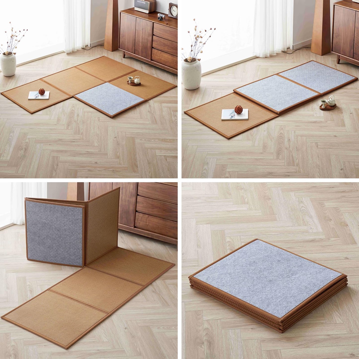 KITBRHOME Natural Rattan Floor Foldable Tatami Mat,Queen, 79" x 59" x 0.5"