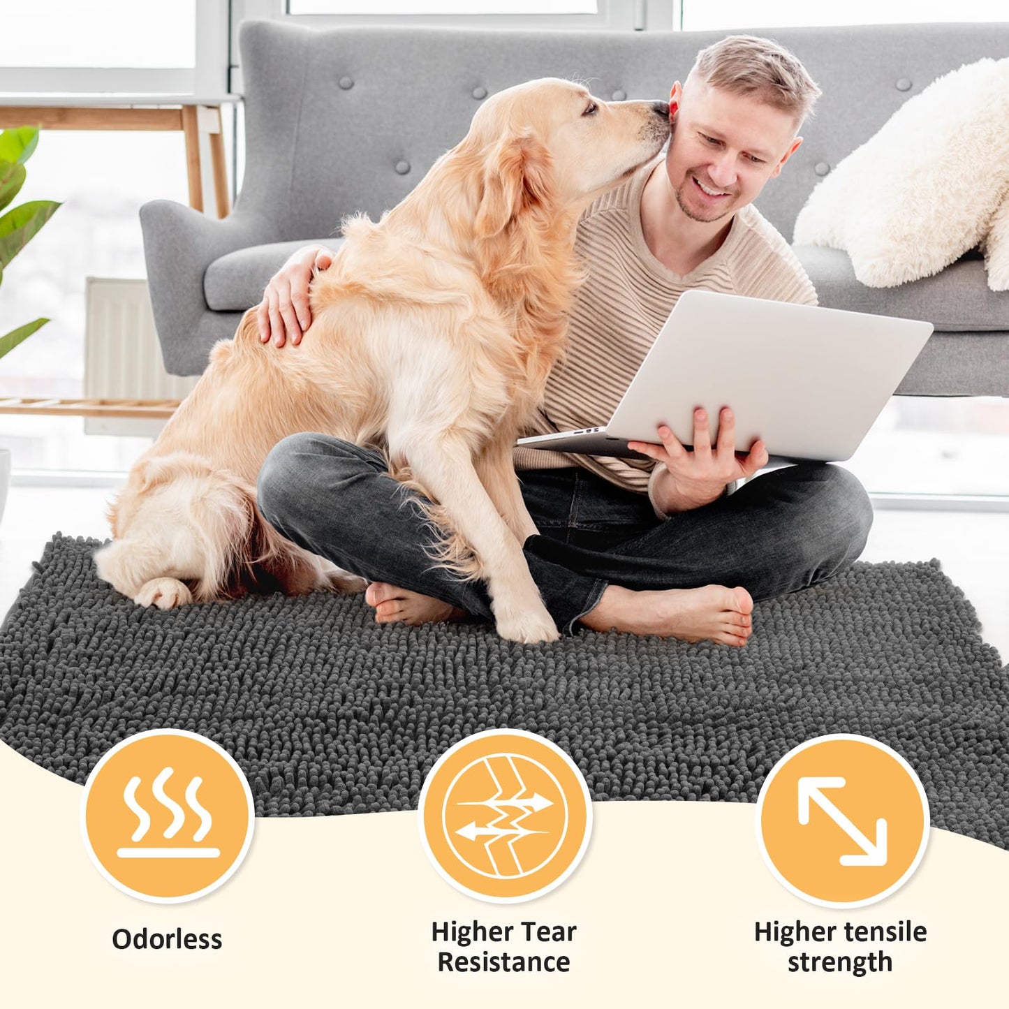 HOMEK Absorbent Dog Door Mat for Muddy Paws, 60" x 24" Chenille Indoor Mats for Entryway, Trap Dirt Front Door Mat Indoor Entrance Washable Non Slip Soft