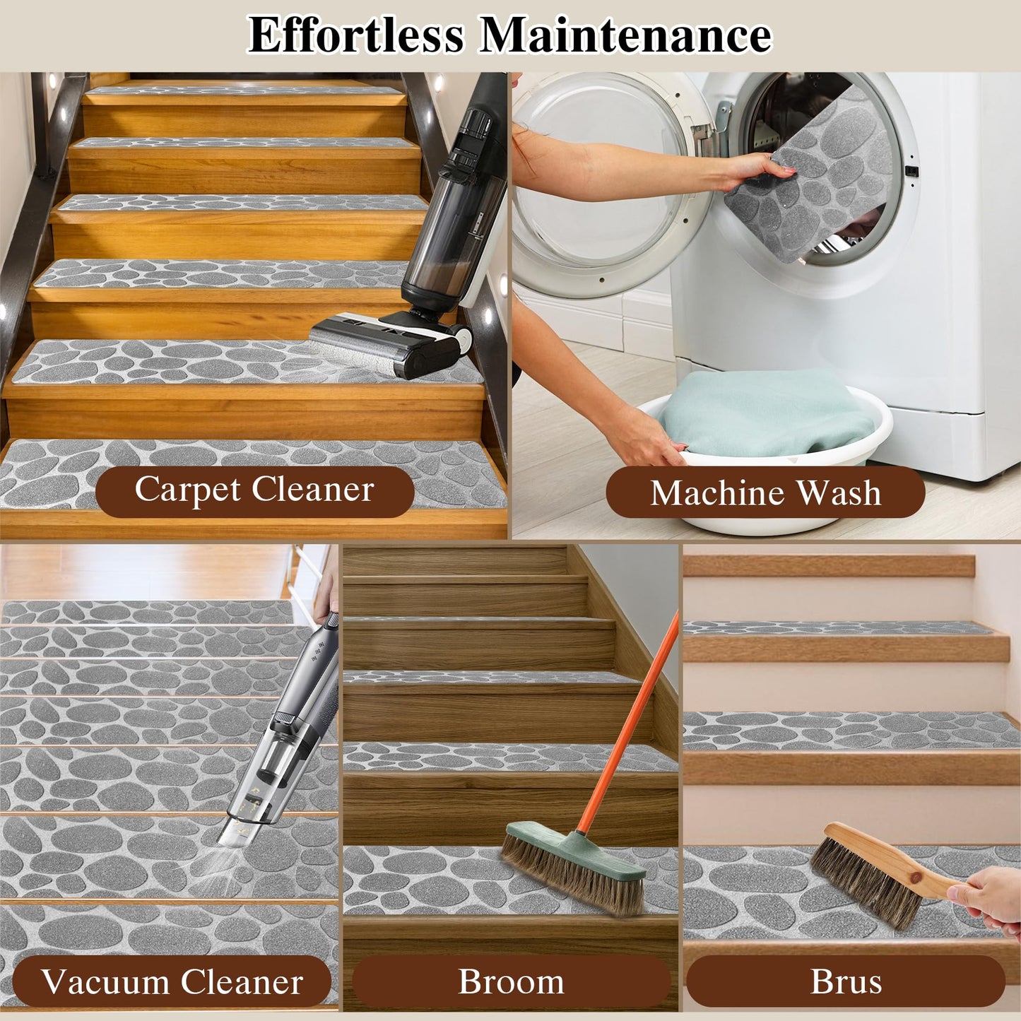 Self Adhesive Residue Free Machine Washable Reusable Stair Treads Non Slip Steps - 100% Polyester Heavyduty TPE Backing Wooden Stair Runner Indoor - 15 Pack 30"X8" Anti Slip Mats - Stone Grey