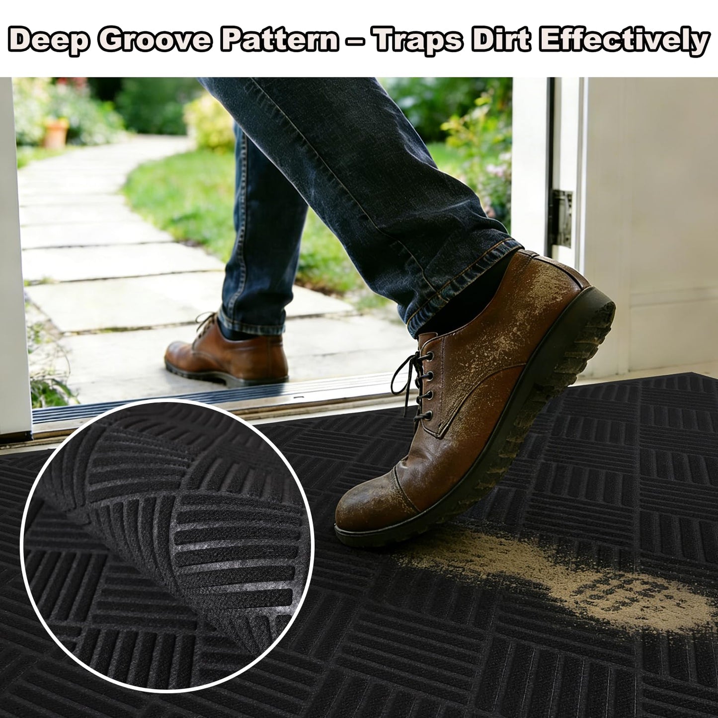 3' x10' Indoor Outdoor Door Mat,Heavy Duty Commercial Grade Entrance Rug with PVC Non-Slip Backing, Durable Welcome Mat for Front/Back Door,Entryway,Low Profile Design with Mud Scraping Grooves(Black)