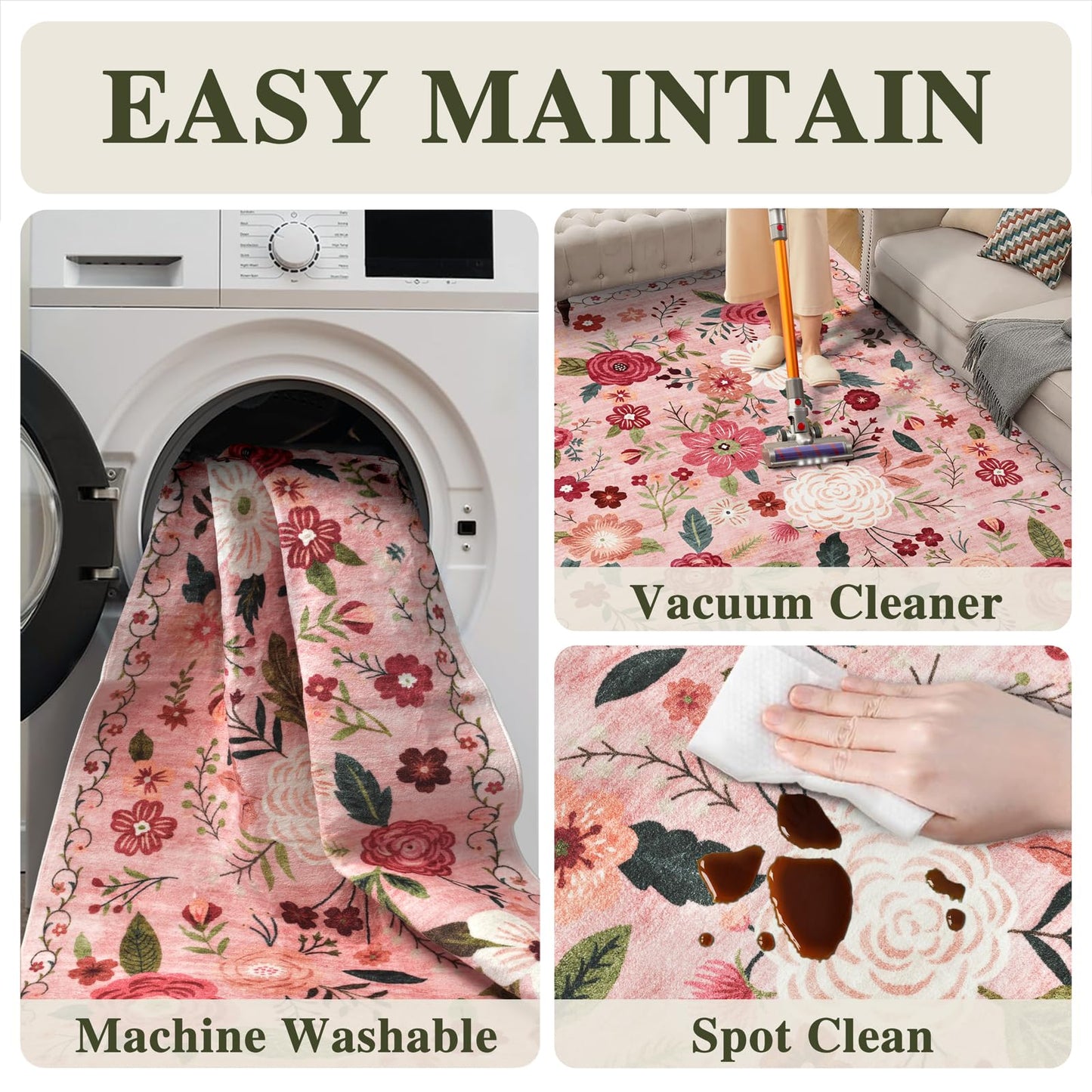8x10 Washable Area Rug for Living Room, Floral Non-Slip Non-Shedding & Easy Care, Large Soft Low Pile Indoor Floor Carpet for Living Room, Bedroom, Farmhouse, Dining Room, Kids Playroom, Pink