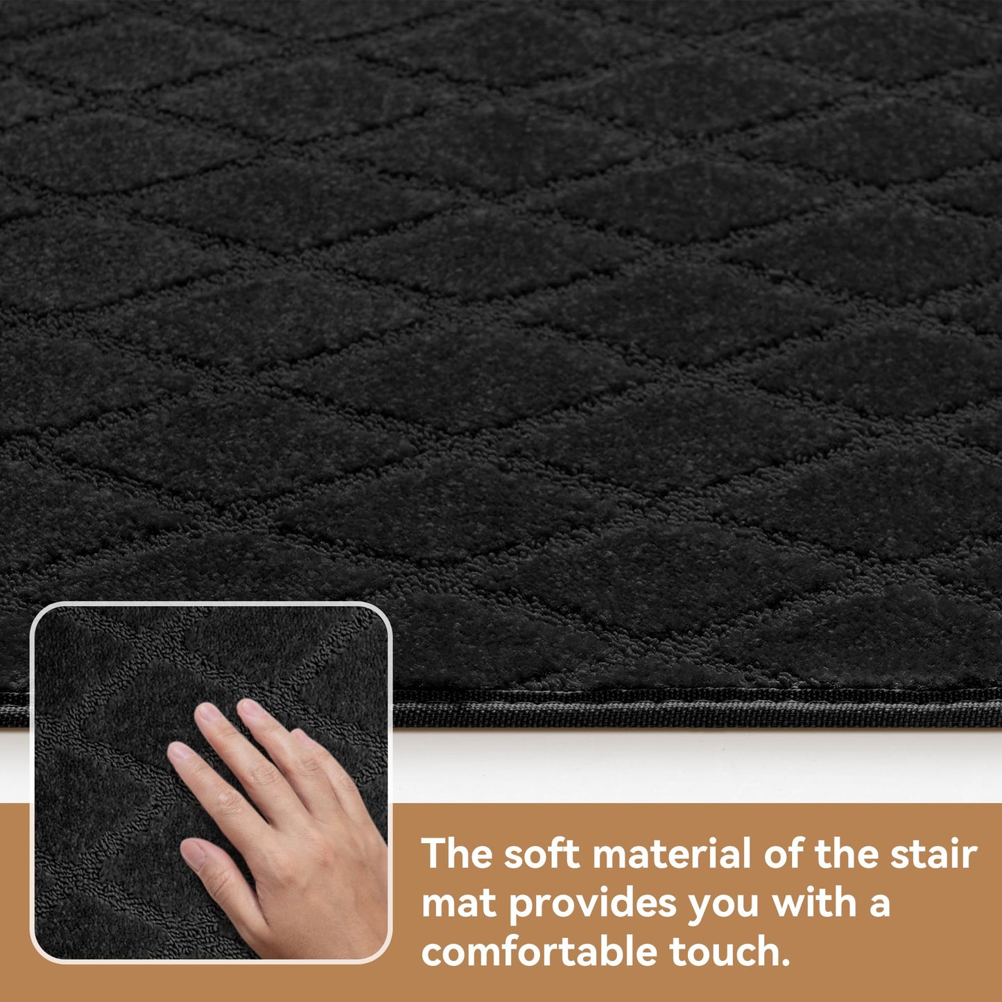 NEKL Bullnose Stair Landing mat, Peel and Stick Carpet Stair Treads for Wooden Steps Indoor with Adhesive Non-Slip Backing - Diamond Pattern - Black