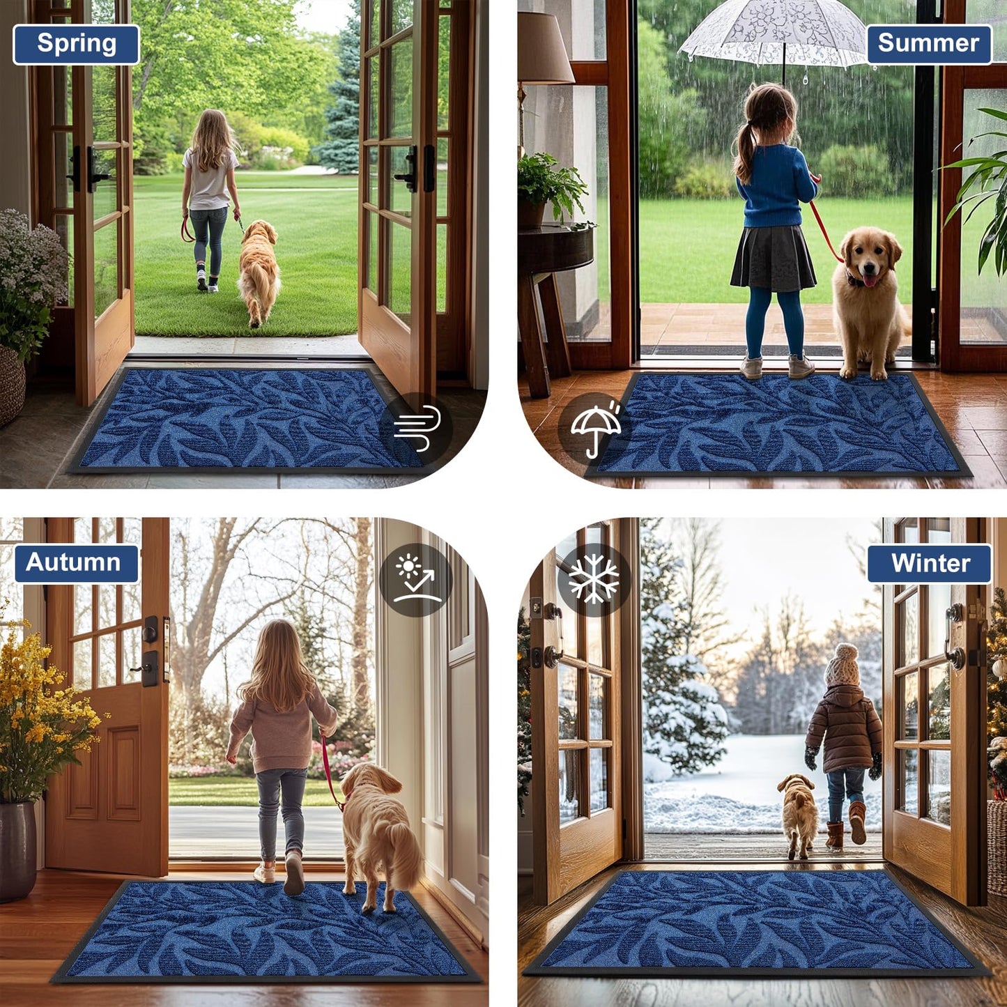 Smiry Front Door Mat Indoor Outdoor Entrance, Heavy Duty Natural Rubber, Trap Dirt and Moisture, Non-Slip Doormats, Low Profile, Easy Clean Patio Porch Entryway Mat, 29.5x17, Ocean Blue