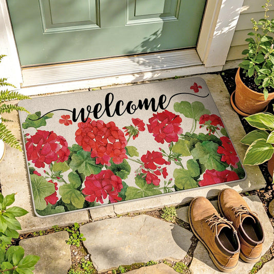 Tailus Welcome Spring Geranium Decorative Front Door Mat, Red Floral Flowers Doormat Indoor Outdoor Non-Slip Floor Entryway Rug, Seasonal Summer Home Kitchen Decoration 17x29 Inch