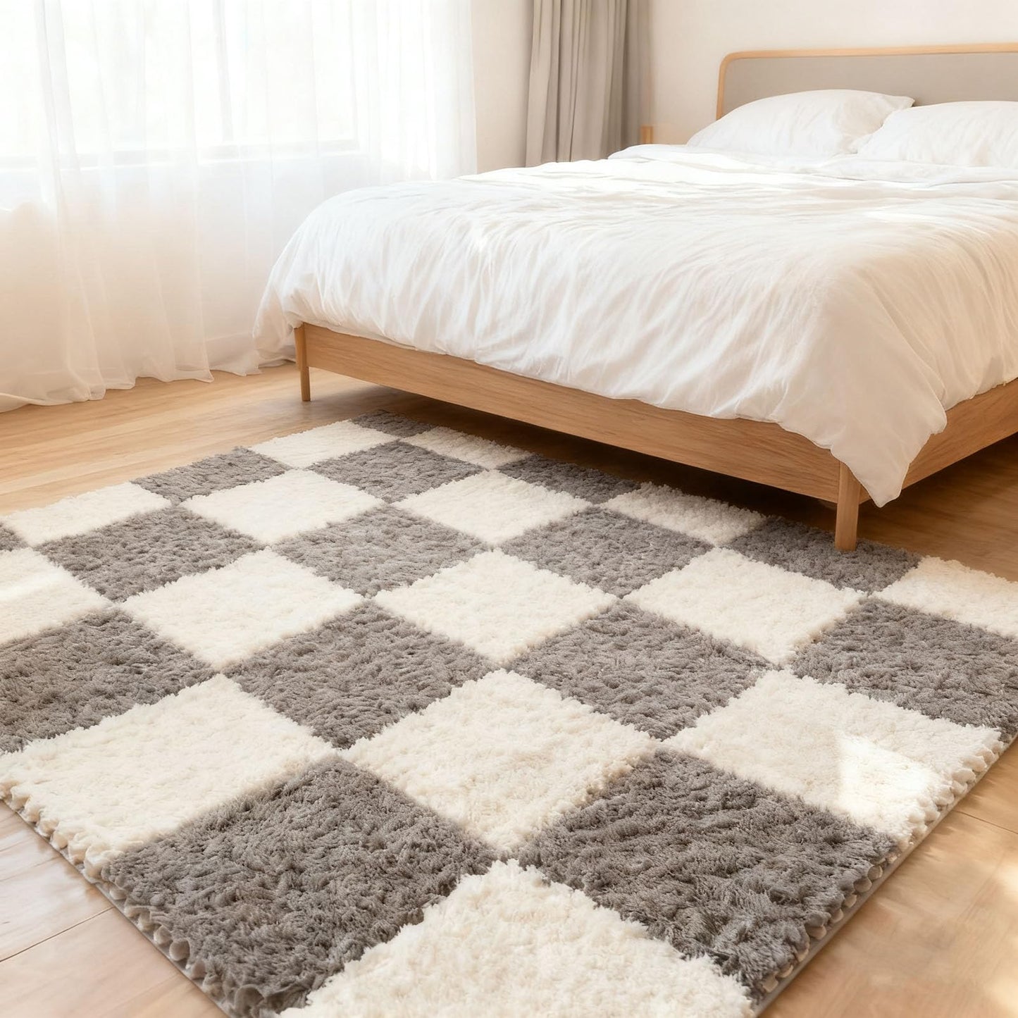 Thickened Plush Foam Interlocking Floor Carpet Mat,24 Piece 12x12in Fluffy Square Puzzle Foam Carpet Tiles with Edgings,Soft Anti-Slip Shaggy Area Rug Playmat(Color:Grey+White)