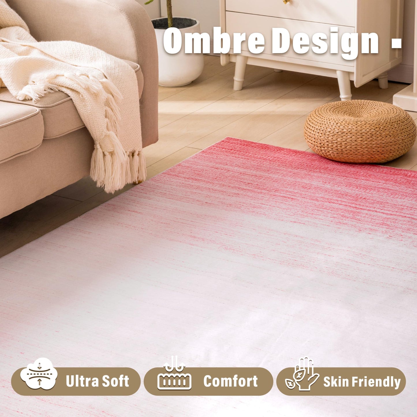 Carvapet Low Profile Area Rug - Washable Pink Ombre 3x5 Modern Carpet, Non Slip TPR Backing Absorbent Dorm Throw Mat for Bedroom Doorway Entryway