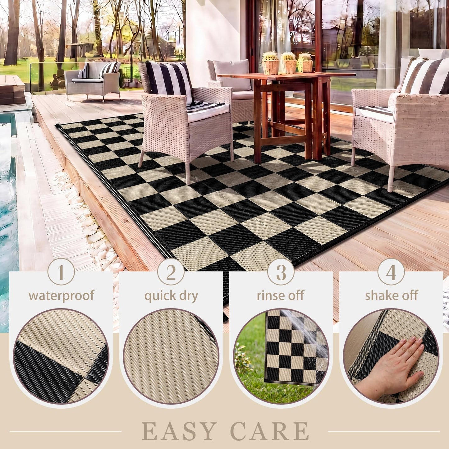 Klyyo Clyro Black Beige Checkerboard Outdoor Rug 5 x 8 ft Checkered Plastic Straw Camping Mat Foldable Reversible Patio Carpet for Rv Deck Camper Porch Backyard Picnic Beach Outdoor Garden