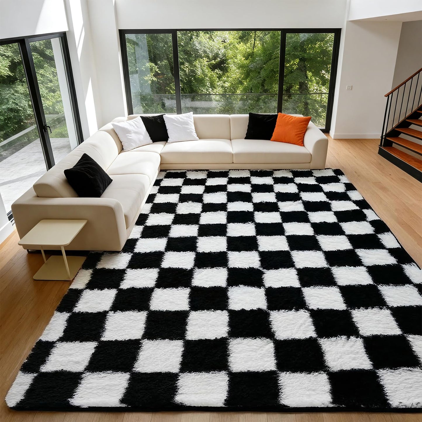 ThreadGlobe Checkered Shag Area Rug 8'x10', Black and White Plush Rug for Living Room, Non-Slip Soft Carpet for Bedroom Nursery, Modern Floor Decor with Grid Pattern, 8x10