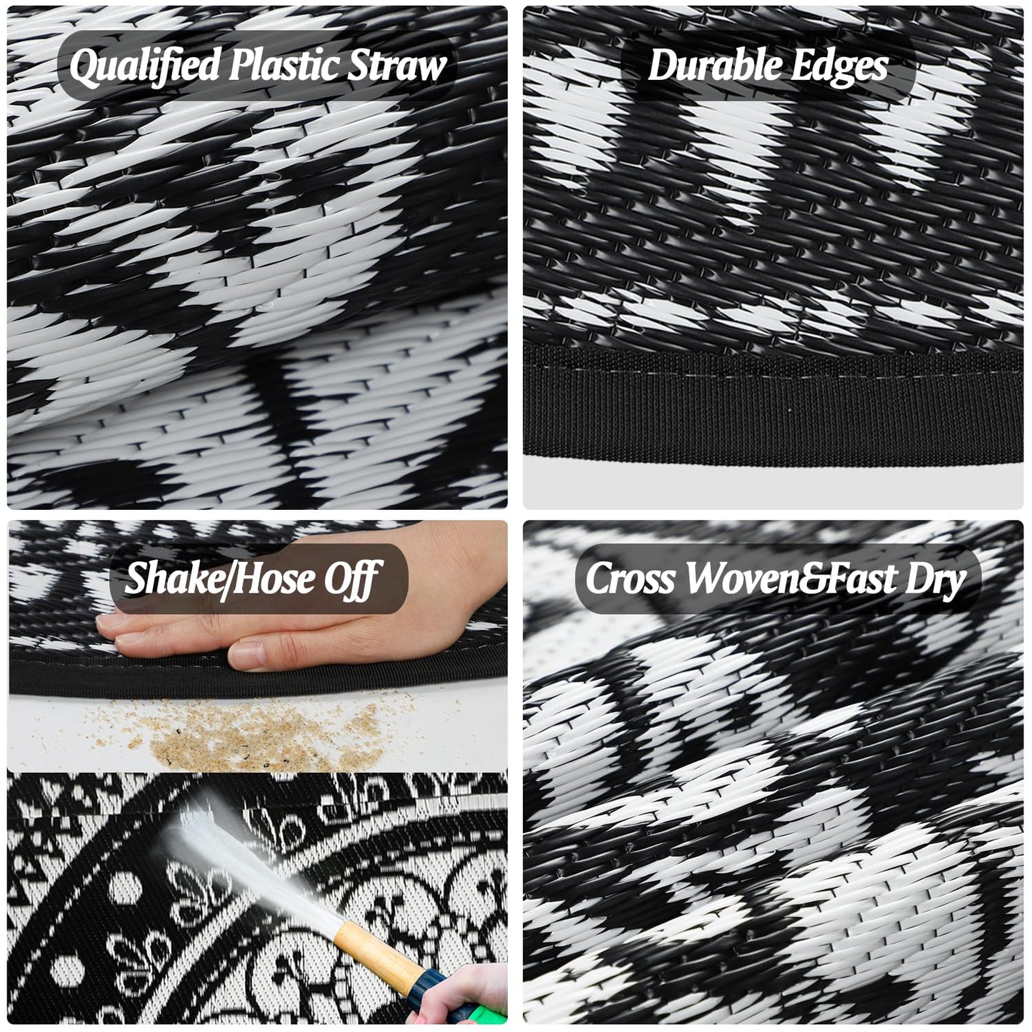 Cekene Round Outdoor Rugs for Patio 8Ft Waterproof Reversible Outdoor Patio Rugs Black Lightweight Plastic Straw Rugs Portable RV Camping Mat Floor Carpet for Deck Porch Picnic BBQ