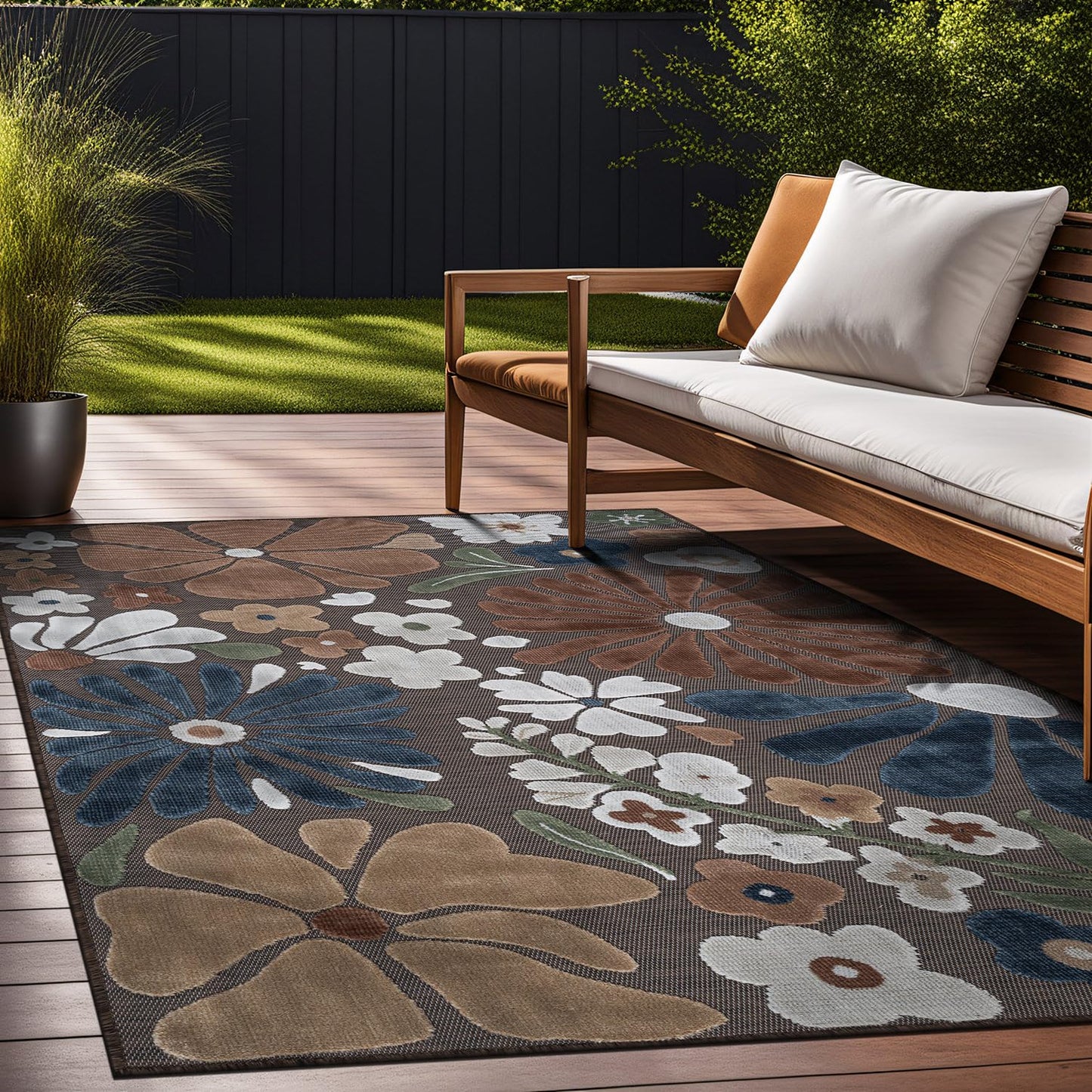 Beverly Rug Outdoor Rug 9x12 Large Modern Floral Tropical Area Rugs for Outdoor and Indoor Patio Easy to Clean Non Shedding Living Room Porch Garden Washable Outside Carpet (9 x 12 Brown)