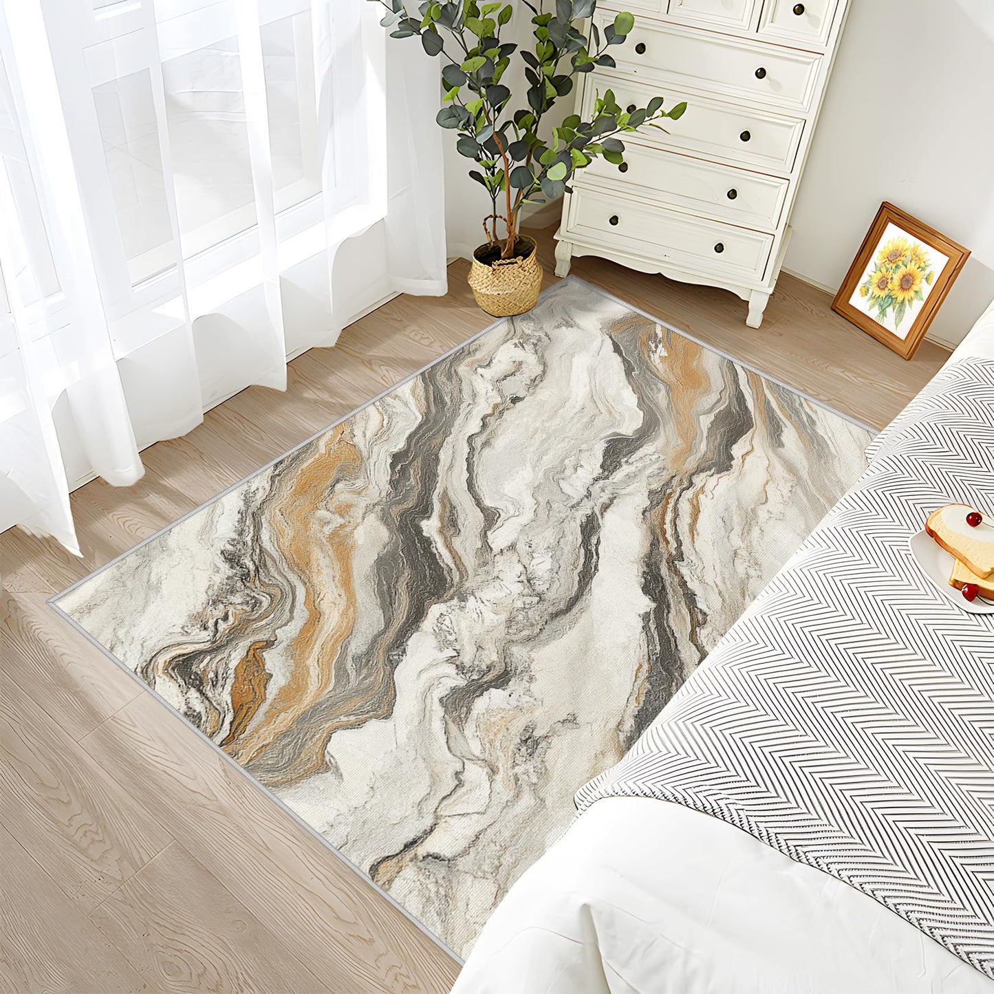 Aquailis Marble Rugs for Living Room - Marble Swirl Rug, 3x4 Rug, Modern Abstract Area Rug, Contemporary Washable Non Slip Rugs, Beige Luxury Carpet - Home Decor, Modern Gifts for Women