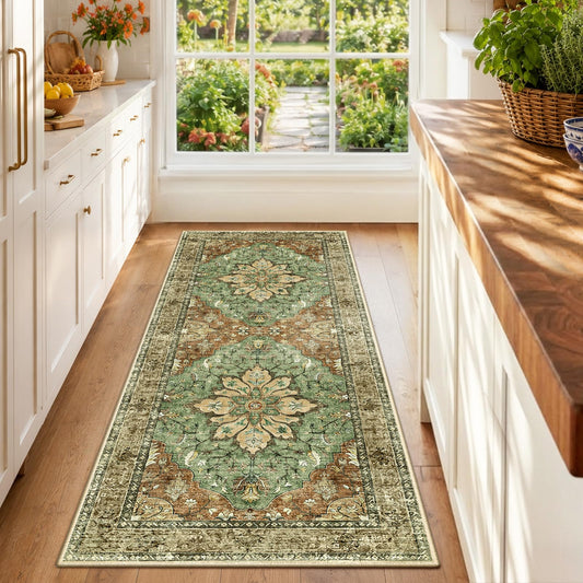 RELEANY Area Rugs Runner 2'x6' Washable Non-Slip, Floral Vintage Distress Medallion Carpet for Kitchen Hallway Bedroom Beside Laundry Room Bathroom, Terracotta Burnt Orange Green