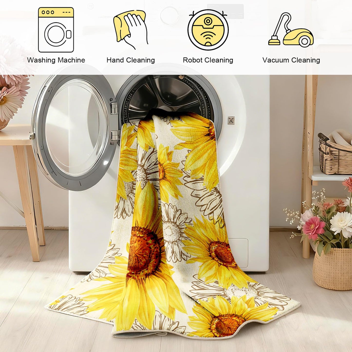 AooHHooA Sunflower Rug 5x7 Rustic Floral Rug with Non-Slip Backing Low Pile Washable Area Rugs for Living Room Bedroom Dining Room
