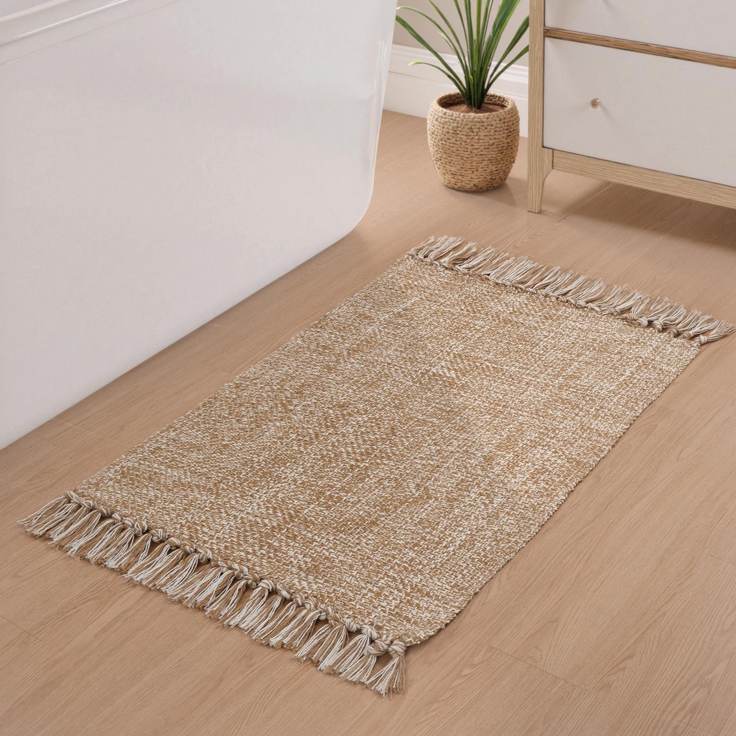 Collive Small Bathroom Rug, 2' x 3' Hand-Woven Low Profile Front Entryway Rug, Tan Cotton Reversible Washable Kitchen Mat Modern Farmhouse Carpet for Foyer Bedroom Back Door Decor
