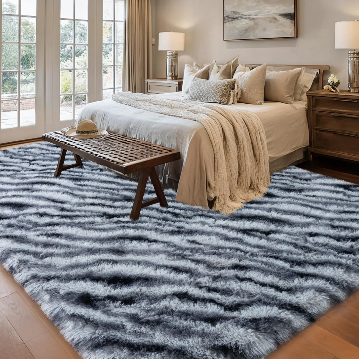 qulint Zebra Rug for Living Room, 8x10 Area Rug for Bedroom Soft Shaggy Animal Large Carpet, Plush Striped Ombre Alfombras for Dorm Room Nursery Classroom Home Decor Aesthetic (8ft x 10ft, Zebra)