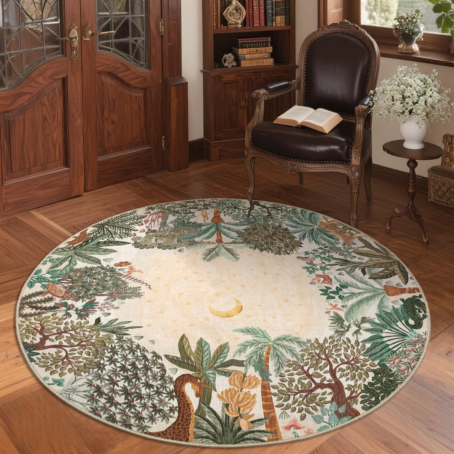 GarveeHome Round Area Rugs 4ft for Kids Room, Beige Jungle Washable Circle Rug Soft Non Slip Forest Animal Print Floor Mat Tiger Carpet Indoor Thin Tent Rug for Bedroom Dining Room Playroom Nursery