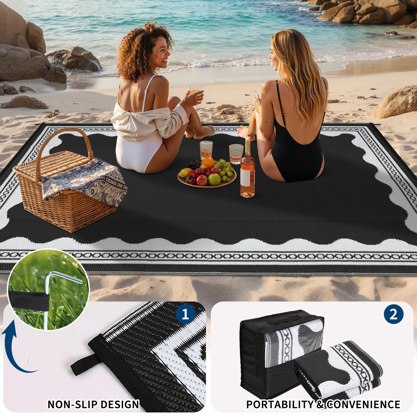 GarveeHome Outdoor Rug 8x10 Patio Waterproof, Reversible Plastic Straw Rugs for Camping, Picnic, Balcony, Porch, RV, Easy-Clean & Quick Dry Scalloped Pattern Large Indoor Outdoor Carpet, Black