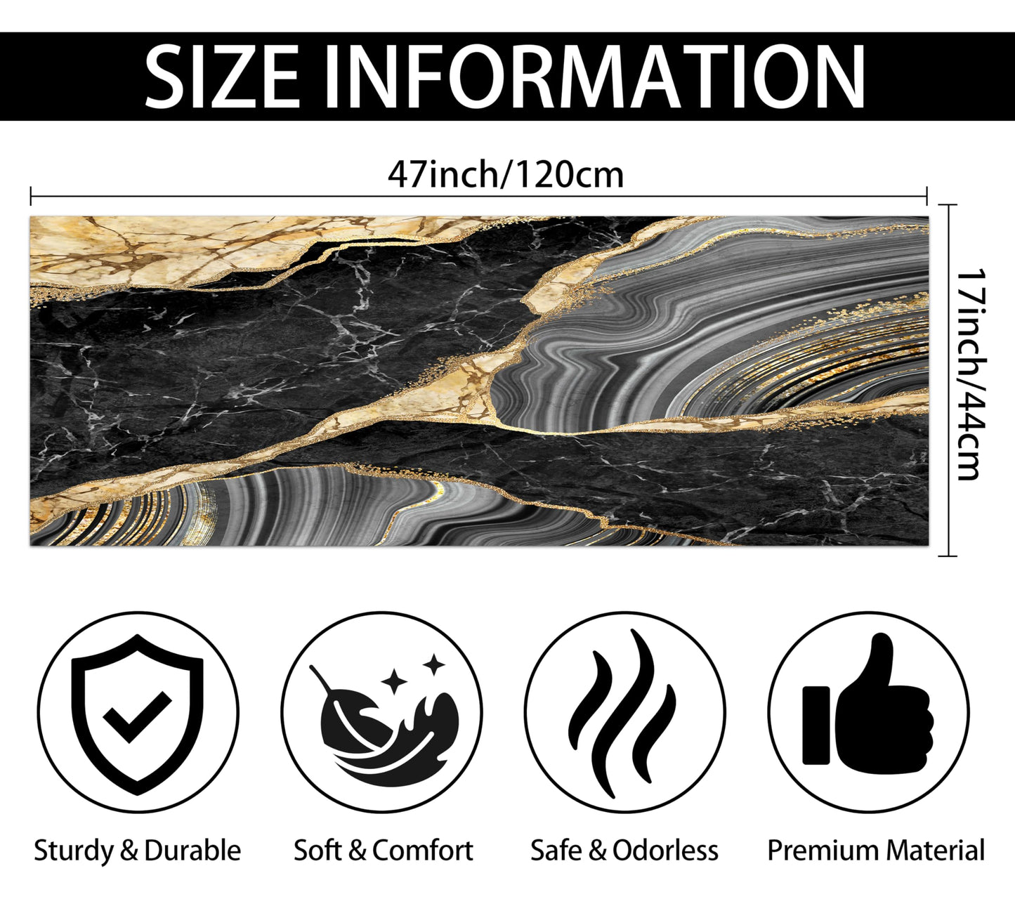 FNLNDO Black and Gold Bathroom Rugs Marble Long Runner Rug Bath Mats Gold Bathroom Decor Absorbent Non Slip Shower Mats with Rubber Backing for Home Laundry (17"x 47", Black & Gold Marble)