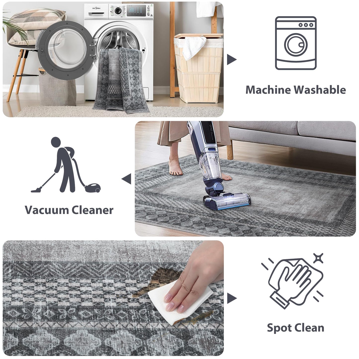 NICETOWN Living Room Rugs 5x8, Thin Washable Vintage Non-Slip Area Rugs for Bedroom, Durable Soft for Dining Room Living Room Laundry, Grey