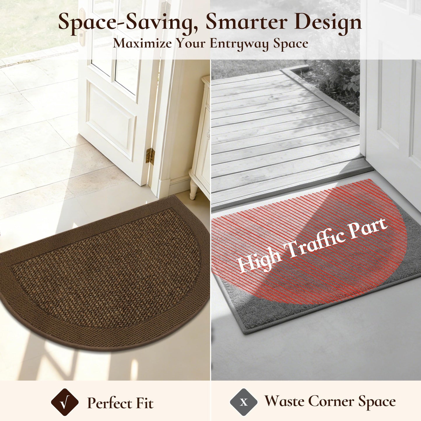 FLOORHUG Half Circle Door Mat Indoor Entrance Welcome, Non-Slip Washable Doormat, Trap Dirt and Moisture, Low Profile Mats for Indoor Entry, 24"x36", Brown