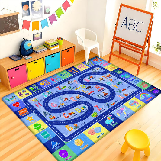 Kids Rug for Playroom, Educational Classroom Rug for Kids Room, Washable Nursery Rugs, Soft Non-Slip Play Mat for Learning ABC Carpet, Vehicles, Numbers, Animals, Colors, Shape, Season 4x6 Feet