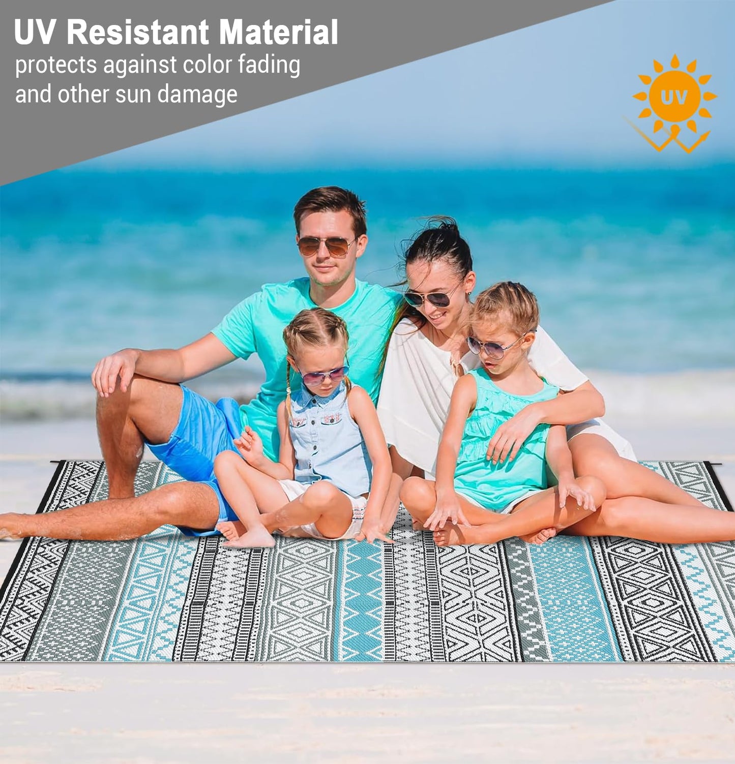 GlowSol Outdoor Rugs 9x12 Waterproof Portable Camping Carpet, Reversible Outdoor Plastic Straw Rug for Patio, RV Mat Bohemian Outdoor Rugs for Porch, Deck, Backyard, Balcony, Picnic,Blue/Grey