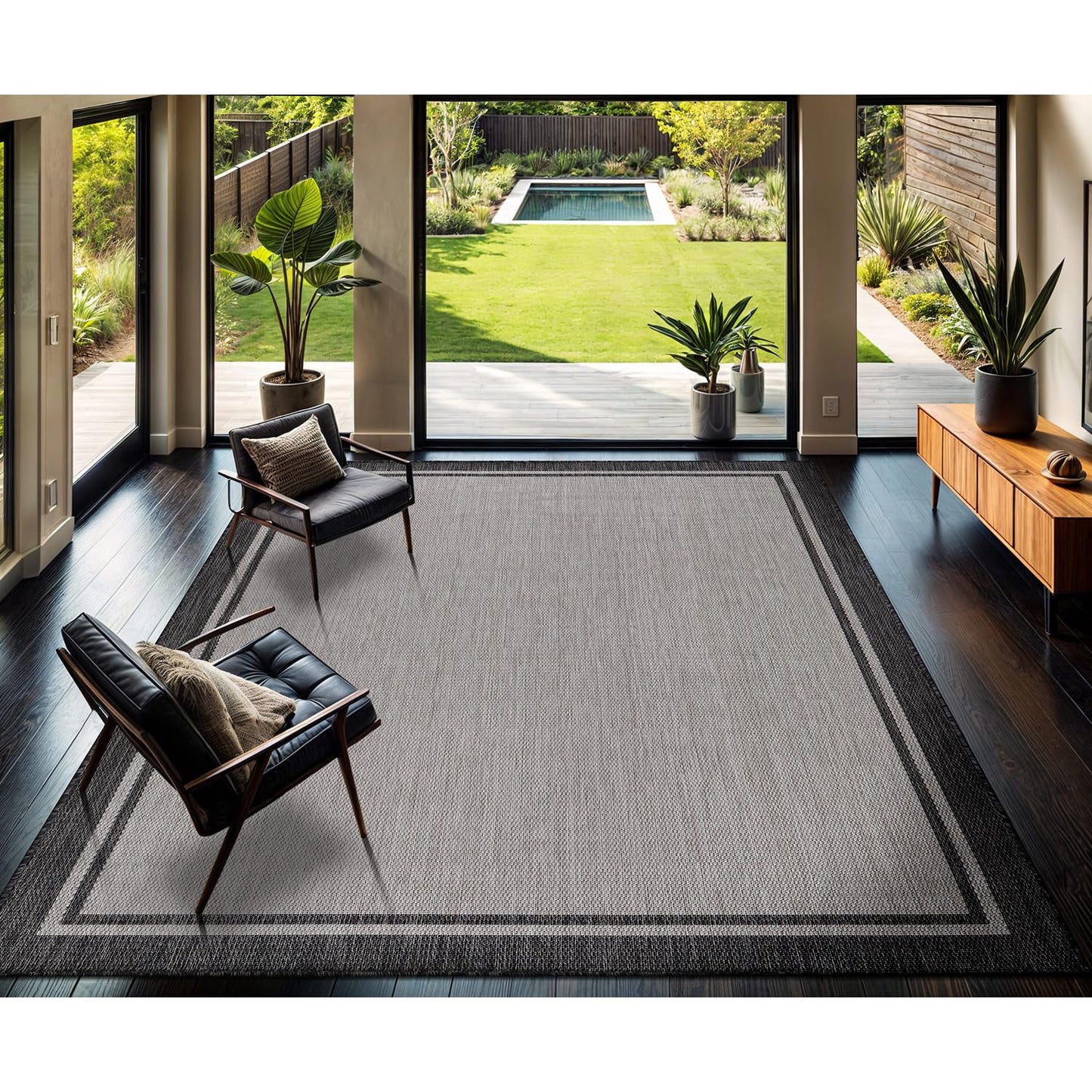 CAMILSON Indoor Outdoor Rug, 9x12 Bordered Gray Modern Area Rugs for Large Indoor and Outdoor Patios, Kitchen and Hallway Mats, Washable Porch Deck Outside Carpet (Bordered Grey, 9 x 12)