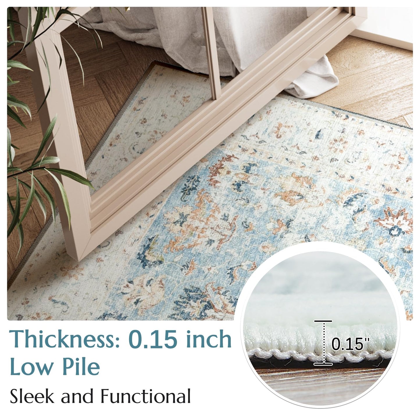 jinchan Runner Rug 2x5 - Hallway Rug Kitchen Washable Runner Vintage Floral Boho Lightweight Thin Non-Slip Retro Distressed Carpet for Entryway Bathroom Bedroom Laundry Room Light Blue