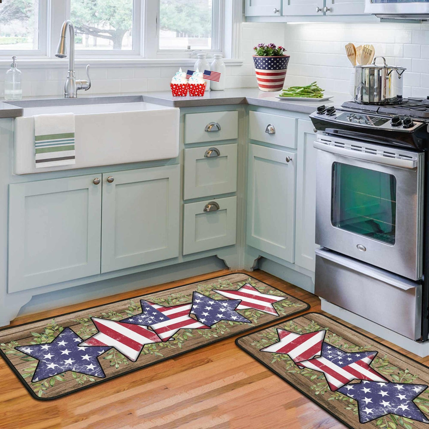 4th of July Kitchen Rugs Set of 2, Blue American Flag Stars Rug Forth of July Decorations Non Slip Backing Patriotic Kitchen Mats for Floor Memorial Day Home Decor (4th of July 2, 17"x47.2"+17"x30")