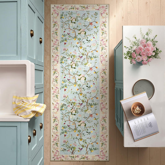 jinchan Floraison Floral Runner Rug 2x5 Machine Washable Kitchen Runner Non Slip Soft Low Pile Hallway Rug Boho Stain Resistant Carpet for Laundry Living Room Bedroom Blue/Pink