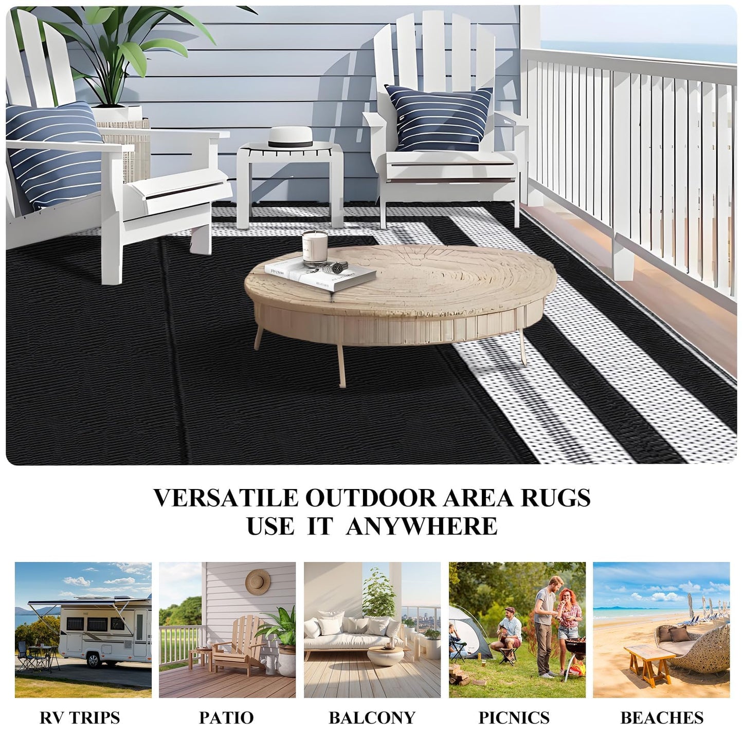 IDEALHOUSE Outdoor Rug, 320GSM Thick PP Woven, Modern Border A, Reversible Foldable, Lightweight Anti Scuff, Decorative Floor Mat for Patio Balcony Camping, Black White 10x14ft