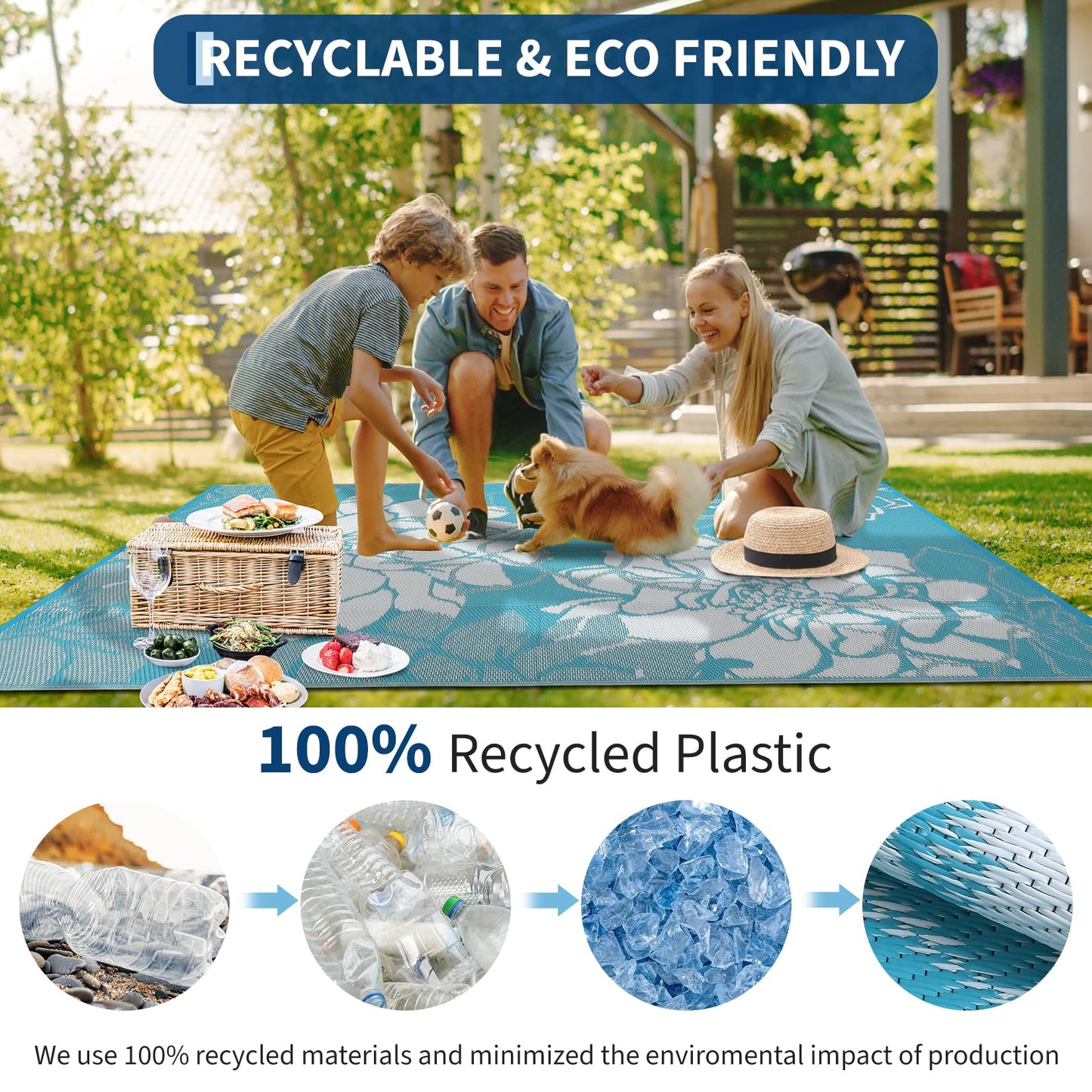 IDEALHOUSE Reversible Outdoor Rug, 320GSM Recycled Plastic Patio Rug, Lightweight Folding Camping Mat with Carry Bag and 4 Stakes, for RV, Picnic, Beach, Balcony, Light Blue White, 9x18 ft