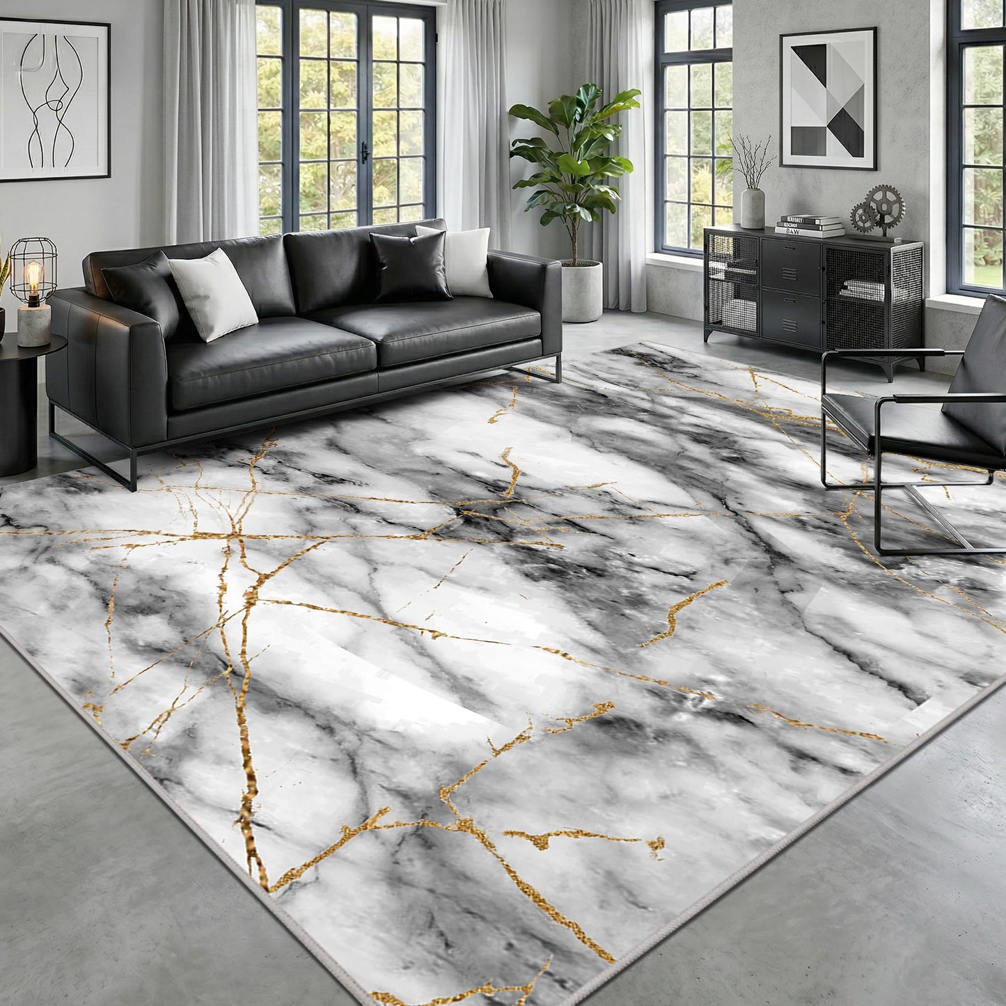 Merelax 6x9 Area Rug for Livingroom Bedroom - Washable Non-Slip Large Grey Rug, Indoor Floor Carpet Low Pile Soft Rug for Dining Room, Mudroom, Modern Aesthetic Abstract Geometric Decor, Gray&Gold