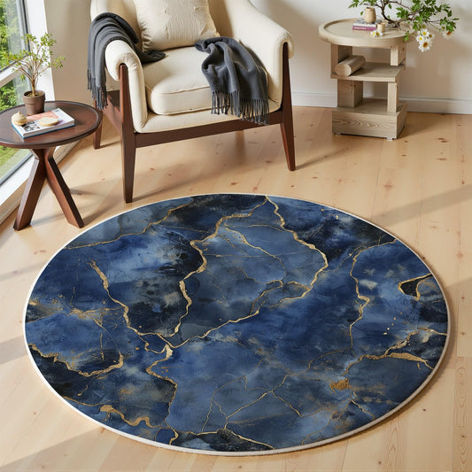 Modern Abstract Area Rug, 5ft Blue White Gold Marble Texture Carpet, So Flannel Washable Floor Rug with Non-Slip Backing for Living Room Bedroom Dining Room Contemporary Home Decor
