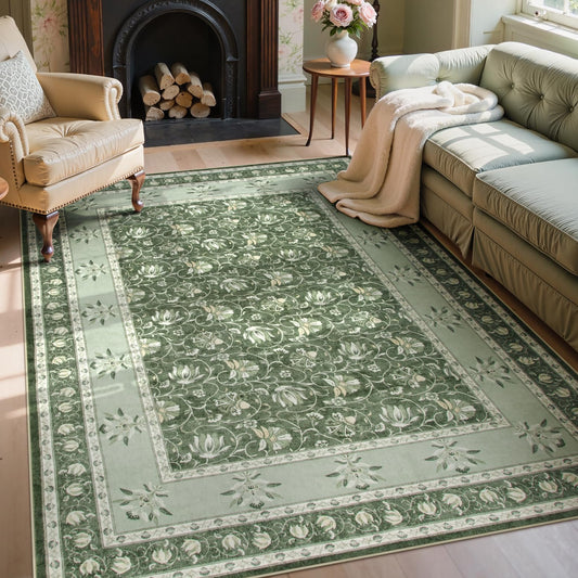 Lahome Floral Green Rugs for Bedroom, Non Slip Washable Rugs 5x7 Rug for Living Room, Stain Resistant Vintage Floral Rug for Dining Room Office (5'x7', Green)